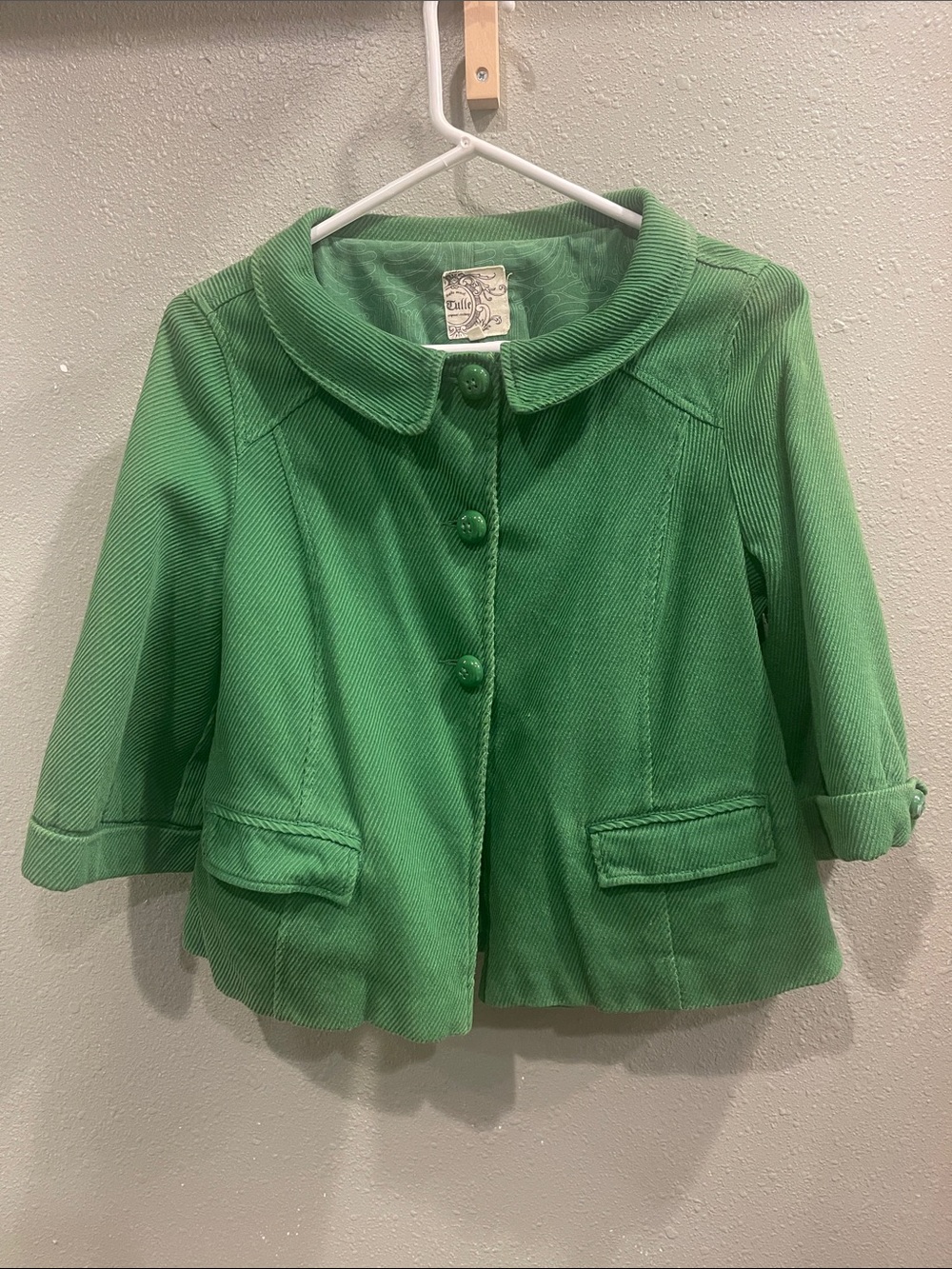 Tulle Vintage Green Button-Front Blazer Jacket 3/4 sleeves